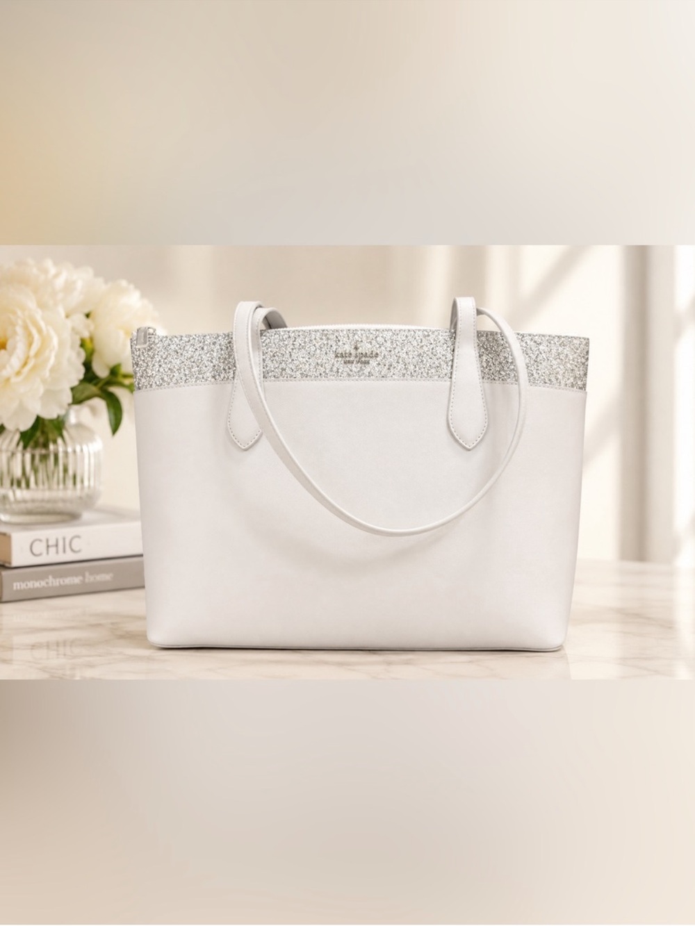 NWOT kate spade White Tote with Silver Glitter Trim